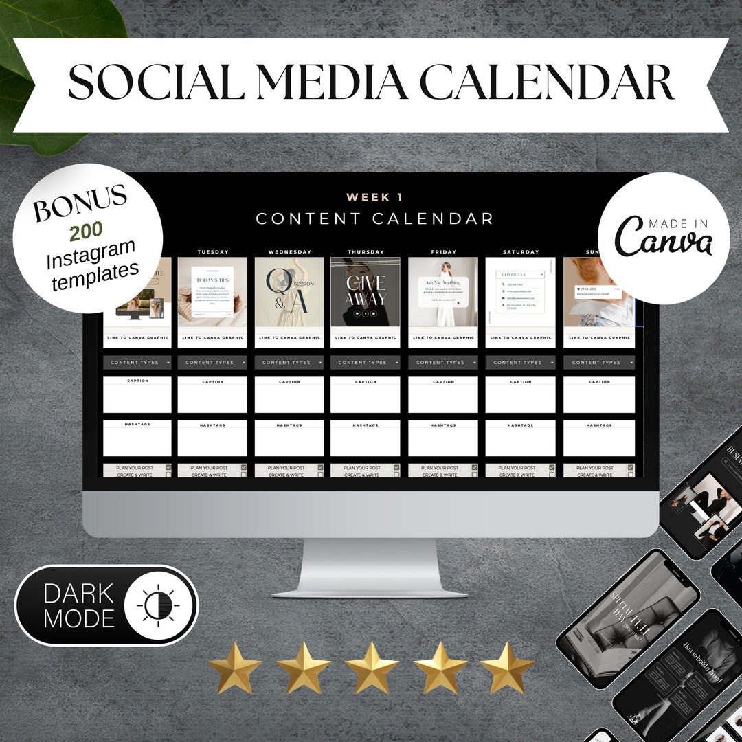 Dark Mode Content Calendar Social Media Calendar Planner Template BONUS