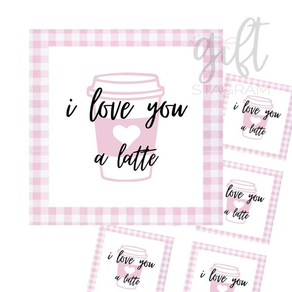 I Love You A Latte Tag | Valentine's Day Cards & Tags | 3x3 Tag | Coffee Card/Tag | Latte Card/Tag | Girly Pink Gingham Tag