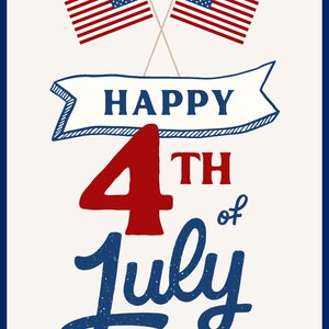 Puede incluir: Una ilustraci&oacute;n de la bandera estadounidense en rojo, blanco y azul, con el texto "Happy 4th of July" en letras azules y rojas. La ilustraci&oacute;n est&aacute; rodeada de fuegos artificiales rojos y azules.