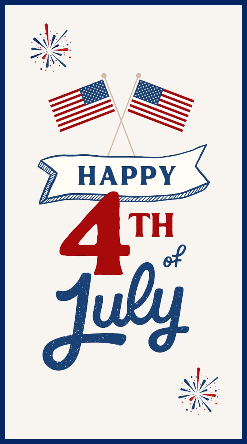 Puede incluir: Una ilustraci&oacute;n de la bandera estadounidense en rojo, blanco y azul, con el texto "Happy 4th of July" en letras azules y rojas. La ilustraci&oacute;n est&aacute; rodeada de fuegos artificiales rojos y azules.