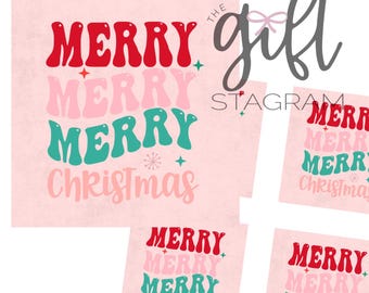 Könnte beinhalten: Rosaer Hintergrund mit dem Text "MERRY MERRY MERRY Christmas" in einer Retro-Schrift. Der Text ist in Rot, Rosa und Türkis. Das Wort "gift" ist im oberen rechten Eck in Kursivschrift geschrieben.