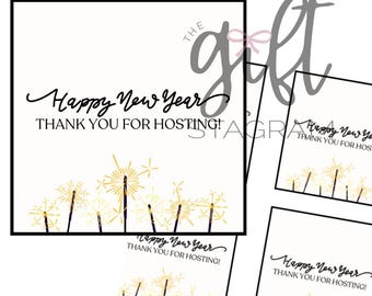 Gelukkig nieuwjaar - bedankt voor het hosten Cadeaukaartje | DIGITALE DOWNLOAD | Cadeaukaartje voor nieuwjaar | Cadeau-ideeën voor oudejaarsgastvrouw | Label van 3 x 3 inch