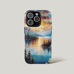 Lake and Mountain Painting Phone Case, Preppy Cute Nature Aesthetic, Camping Outdoors, iPhone 15 14 13 12 11 Pro Max Plus, Samsung Galaxy