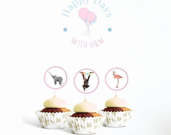 Party Animal Birthday Cupcake Toppers | Girl's | Pink | Party Animal Theme | Digital | Printable | Watercolor | Zoo | Party Decorations