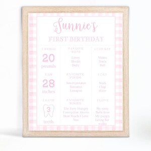 Letrero de cumpleaños con cuadros vichy rosas en acuarela, póster, editable, tablero de hitos, digital, imprimible, primer cumpleaños, decoración de fiesta