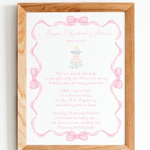 Cake Knife Poem Birthday Sign | Pink | Bows | Cake | Watercolor | Girl's Birthday Theme | Pink | Grandmillennial | Preppy | Floral | Signage