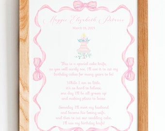 Cake Knife Poem Birthday Sign | Pink | Bows | Cake | Watercolor | Girl's Birthday Theme | Pink | Grandmillennial | Preppy | Floral | Signage