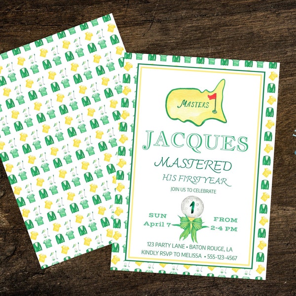 Watercolor Master's 1st Birthday Invitation | Green and Yellow Golf | Birthday Invite | Digital | Printable | Editable | Boy | Girl | Preppy