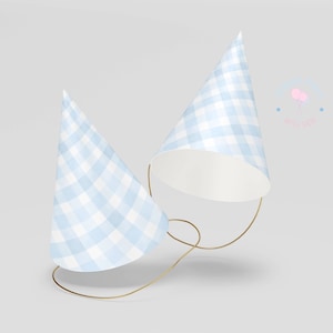 May include: Two party hats with a light blue and white gingham pattern. The hats are cone-shaped with a gold elastic string for securing them to the head. The hats are on a white background.