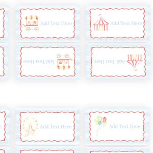 May include: Nine rectangular labels with a blue striped background and a red scalloped border. Each label has the text "Add Text Here". Some labels feature watercolor illustrations of circus elements like a Ferris wheel and cotton candy.