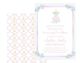 One Little Candle One Little Cake Girl's First Birthday Invitation | Watercolor | Preppy | Grandmillennial | Pink | Floral | Blue | Invite