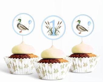 Glückliche Ente Cupcake Toppers | Eine Glücksente Party Dekoration | Druckbar | Digital | Basteln | Stockente Ente | Junge erster Geburtstag