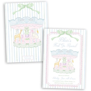 May include: Two invitations with a carousel design. The carousel features a giraffe, swan, and elephant in pastel colors. The background has vertical blue and white stripes. One invitation reads "Blair's First Go Round".