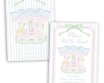 Pastel Animals Carousel Birthday Invitation | First Go Round | Watercolor | Girl | Grandmillennial | Pastel | Stripes | Digital