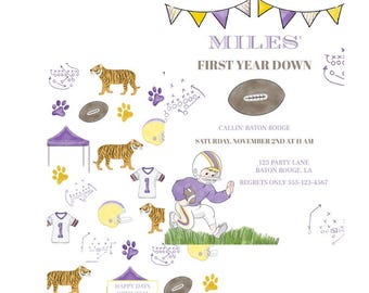 First Year Down Boy Birthday Invitation | Football Theme | Boy | LSU | Tigers | Editable | Print at Home | Preppy | Grandmillennial
