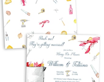 May include: A white invitation with blue text for a Honey Do Shower honoring William and Tatiana. The invitation features a watercolor illustration of a pot of crawfish and tools.