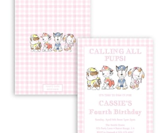Dog Birthday Invitation | Girl Birthday | Rescue Pups | Paw | Digital Download | Printable | Editable Template | Watercolor | Pink | Gingham