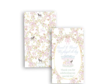 Pastel Animals Carousel Birthday Favor Tags | First Go Round | Watercolor | Girl | Grandmillennial | Pastel | Florals | Thank You Tags
