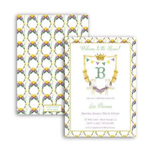 Mardi Gras Theme Baby Shower Invitation | Welcome to the Krewe | New Orleans | Watercolor | Crest | Monogram | Grandmillennial | Preppy |