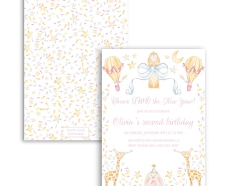 New Year Birthday Invitation | Cheers to the New Year | Watercolor | Girl's Birthday Theme | Pink | Grandmillennial | Preppy | Printable