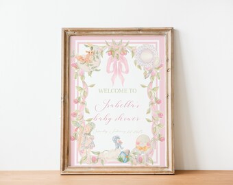 Letrero de bienvenida para baby shower con rima infantil / Hey Diddle Diddle / Humpty Dumpty / Mamá Ganso / Rosa / Niña / Baby Shower / Grandmillennial