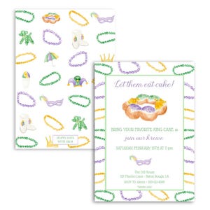 May include: A Mardi Gras party invitation with a green, purple, and gold color scheme. The invitation features a king cake, beads, and a jester's hat. The text on the invitation reads "Let them eat cake!" and "Bring your favorite king cake and join our krewe".