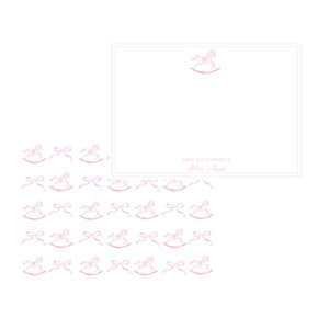 Papelería para bebés con forma de caballo mecedor / Papelería personalizada / Niño / Lazos rosas / Baby Shower / Tarjetas de agradecimiento / Acuarela / Grandmillennial / Preppy