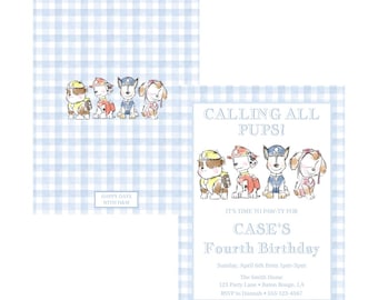 Dog Birthday Invitation | Boy Birthday | Rescue Pups | Paw | Digital Download | Printable | Editable Template | Watercolor | Blue | Gingham
