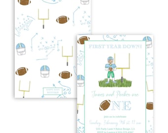 First Year Down Boy Birthday Invitation | Football Theme | Boy |Generic | Blue | Green | Editable | Print at Home | Preppy | Grandmillennial