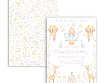 New Year First Birthday Invitation | Pastel | Watercolor | Girl's Birthday Theme | Pink | Grandmillennial | Preppy | Printable Invite