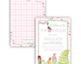 May include: A pink and white gingham patterned invitation with the text "Welcome to TWO VILLE" and "HALLE'S second birthday". The invitation features illustrations of a Christmas tree, a dog, and a Grinch-like character.