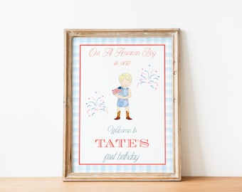 All American Boy Birthday Welcome Sign | American Theme | Boy | 4th of July Birthday | Editable | Red White and Two | Preppy | Patriotic