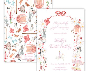 Mary Poppins Birthday Invitation | Practically Perfect | Watercolor | Girl | Pink | Grandmillennial | Pastel | Invitation | Digital | Custom