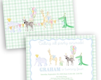 Party Animal Birthday Invitation | Calling All Party Animals | Blue | Green | Gingham | Printable | Invite | Watercolor | Zoo Invite