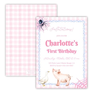 Charlotte's Webb Birthday Invitation | Pink Gingham | Some Pig | Preppy | Watercolor | Pastel | Farm | Grandmillennial | Digital Invite