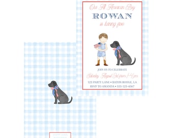 All American Boy with Dog Birthday Invitation | American Theme | Boy | 4th of July Birthday | Editable | Puppy | Preppy | Patriotic