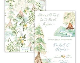Könnte beinhalten: Eine Aquarell-Hochzeitseinladung mit Sumpf-Thema. Die Einladung zeigt einen grünen, weißen und blauen Aquarellhintergrund mit einem Zypressenbaum, einem Reiher und dem Text "How sweet it is to be loved bayou". Die Einladung enthält auch die Namen "Rachel & Stephen", das Datum "Sa. 23. Aug", die Uhrzeit "1:00-3:30 Uhr", die Adresse "123 Magnolia Lane, Baton Rouge, LA", und die RSVP-Informationen.