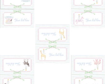 Pastel Animals Carousel Birthday Food Tents | First Go Round | Watercolor | Girl | Grandmillennial | Pastel Stripes | Labels