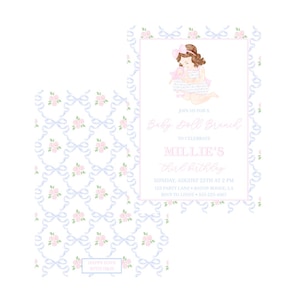 May include: A pink and blue baby shower invitation with a watercolor illustration of a girl holding a doll. The invitation reads "Join us for a Baby Doll Brunch to celebrate Millie's First Birthday. Sunday, August 25th at 2 PM. 123 Party Lane, Baton Rouge, LA. RSVP to Lindie - 535-123-4567"