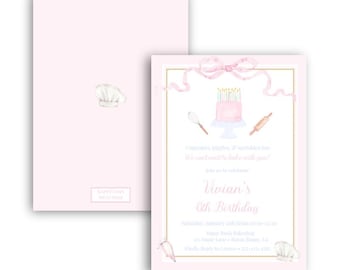 Bake Shop Girl's Birthday Invitation | Baking | Cupcakes | Cake | Watercolor | Preppy | Grandmillennial | Pink | Cake | Bows | Invite