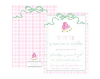 One In a Melon Birthday Invitation | Watermelon | Watercolor | Girl's Birthday Theme | Pink Gingham | Grandmillennial | Printable Invite