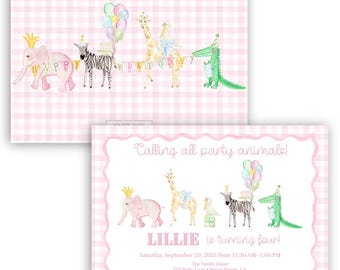 Party Animal Birthday Invitation | Calling All Party Animals | Pink | | Gingham | Grandmillenial | Printable | Invite | Watercolor | Zoo