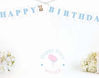 May include: A white banner with blue letters spelling "Happy Birthday" with a small teddy bear illustration on each end. Below the banner is a white lantern with a floral design and a bouquet of white flowers. The text "Happy Days with H&M" is written in blue and pink with two pink balloons.