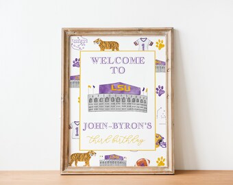 Football Birthday Welcome Sign | Football Theme | Boy | LSU | Tigers | Editable | Print at Home | Preppy | Grandmillennial | First Year Down