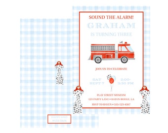 Fire Truck Birthday Invitation | Firefighter | Dalmation | Watercolor | Boy Birthday | Printable | Editable | Preppy | Grandmillennial
