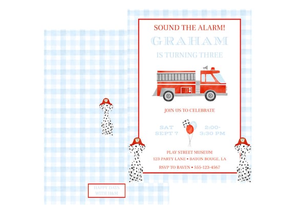 Fire Truck Birthday Invitation | Firefighter | Dalmation | Watercolor | Boy Birthday | Printable | Editable | Preppy | Grandmillennial