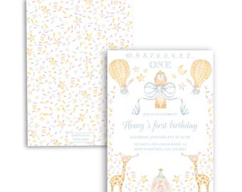 New Year First Birthday Invitation | Pastel | Watercolor | Boy's Birthday Theme | Blue | Grandmillennial | Preppy | Printable Invite