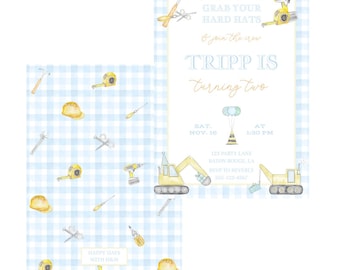 Construction Birthday Invitation | Excavator | Tools | Hard Hat | First Birthday | Watercolor | Blue Gingham | Boy's Birthday | Digital