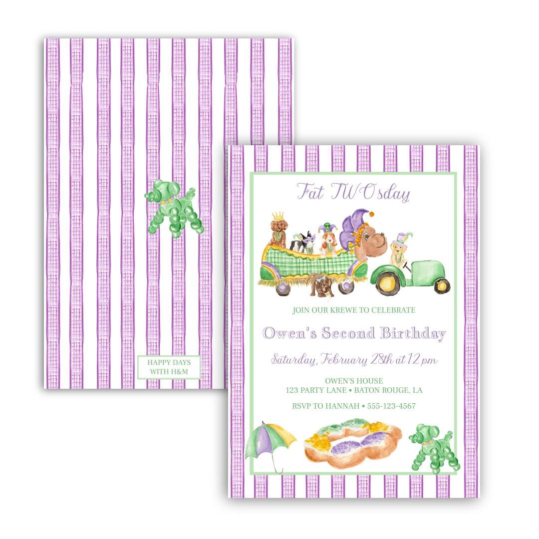 Mardi Gras Theme Birthday Invitation | Krewe | Fat Twosday | New Orleans | Pawdi Gras | Watercolor | Puppy Dog | Grandmillennial | Preppy |