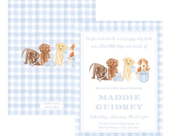Snips and Snails and Puppy Dog Tails Baby Shower Invitation | Boy | Blue Gingham | Watercolor | Preppy | Grandmillennial | Digital Invite